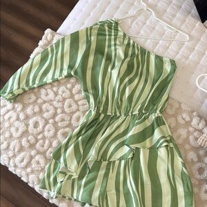Green Striped One-Shoulder Romper